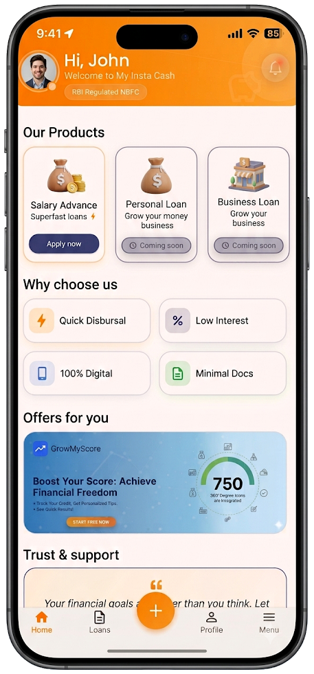 MyInstaCash app — home screen with Salary Advance and RBI-regulated badge