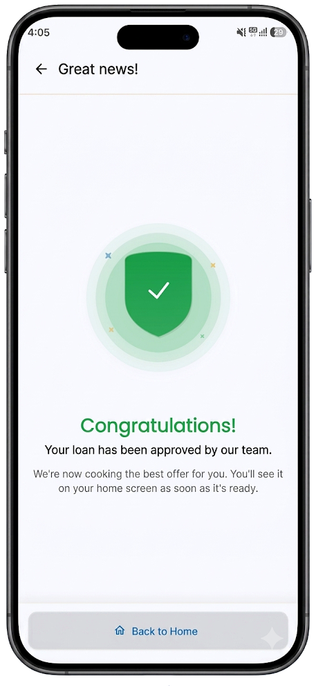 MyInstaCash app — loan approved confirmation screen